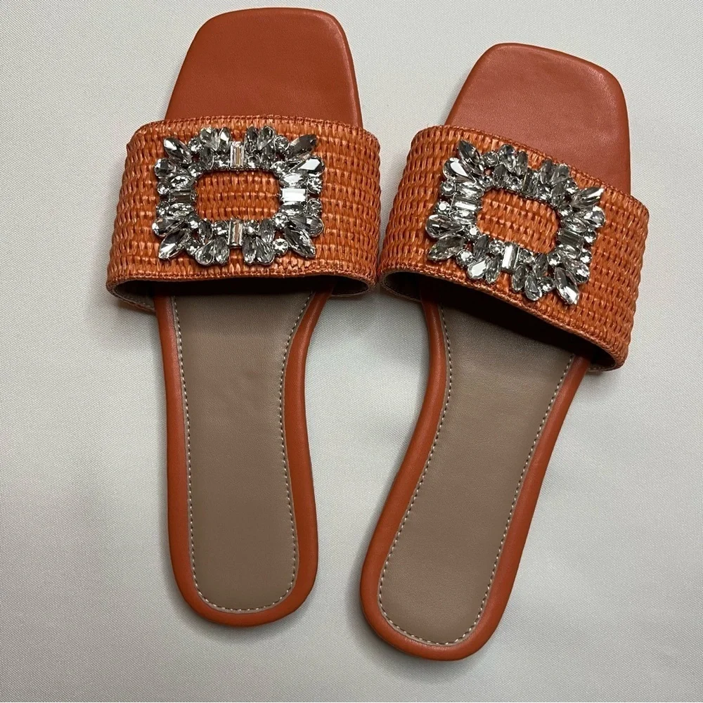 Amazon LVOMU Rhinestone Orange Weave Square Toe Flat Slide Sandals Size EU 38